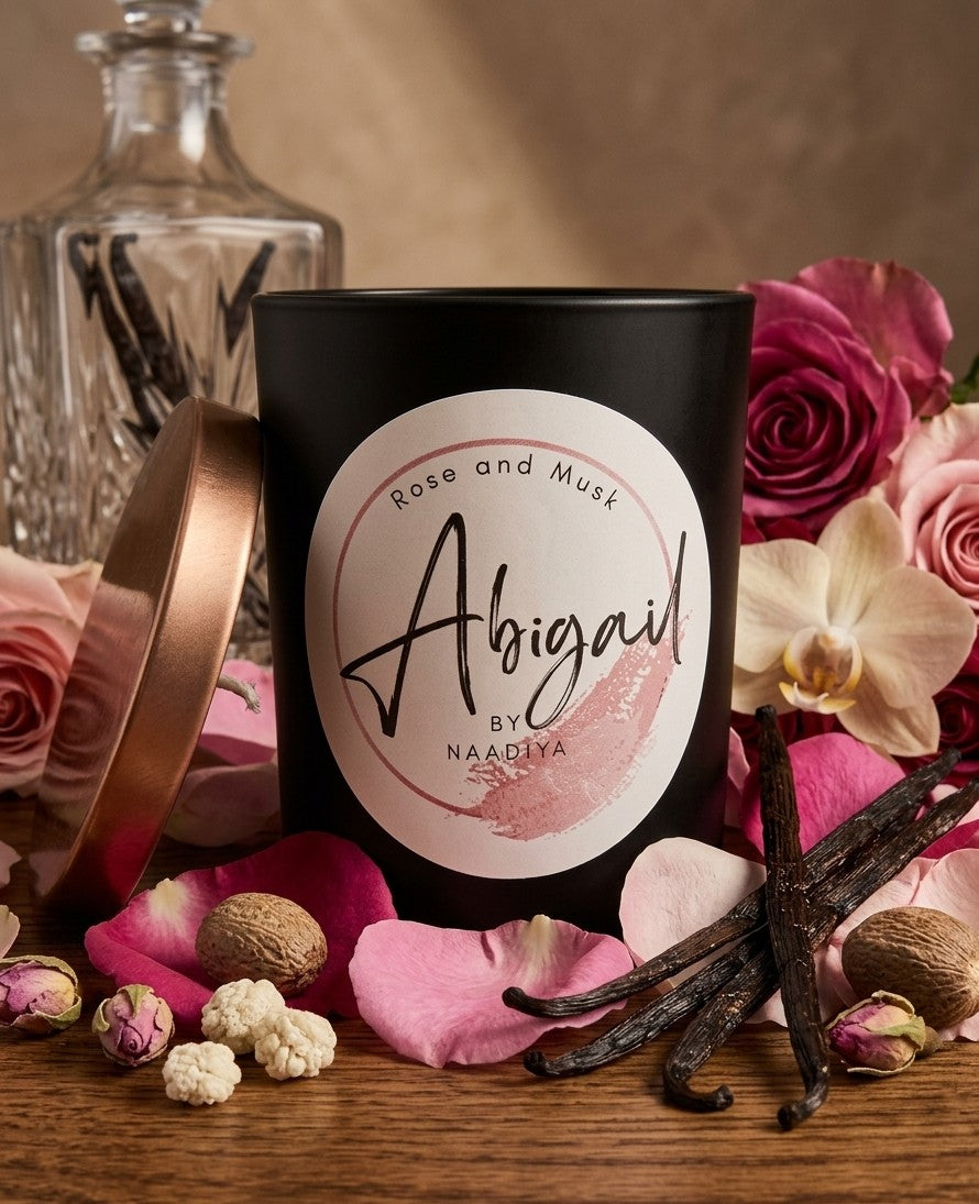 Candle labeled 'Abigail' with flowers and vanilla beans on a wooden surface