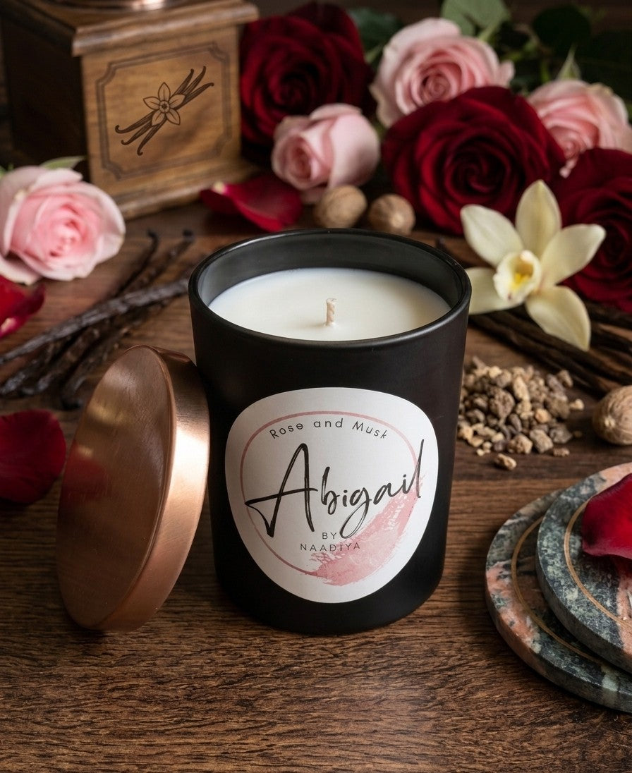 Black candle in a decorative container with a 'Abigail' label, surrounded by flowers on a wooden surface.