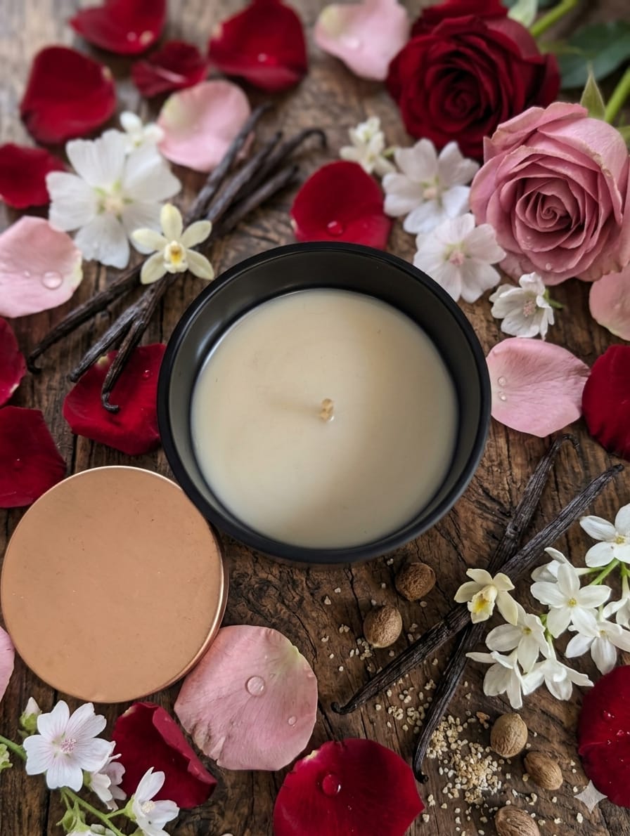 Candle in a black container surrounded by flowers and vanilla beans on a wooden surface