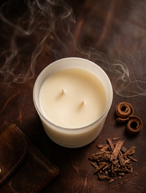 White candle with smoke on a dark brown surface with cinnamon sticks and wood shavings.