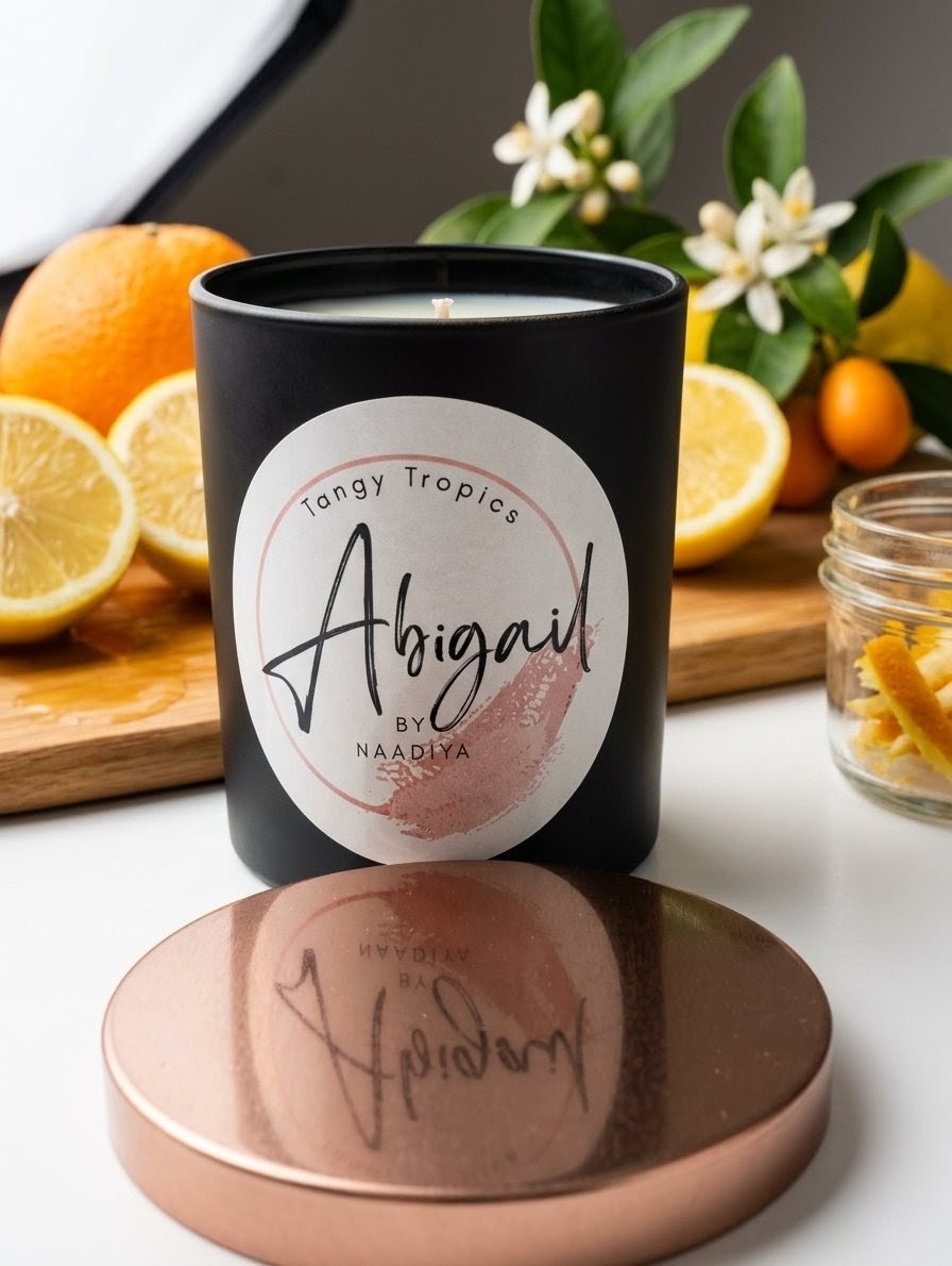 Candle labeled 'Abigail' with oranges and flowers in the background