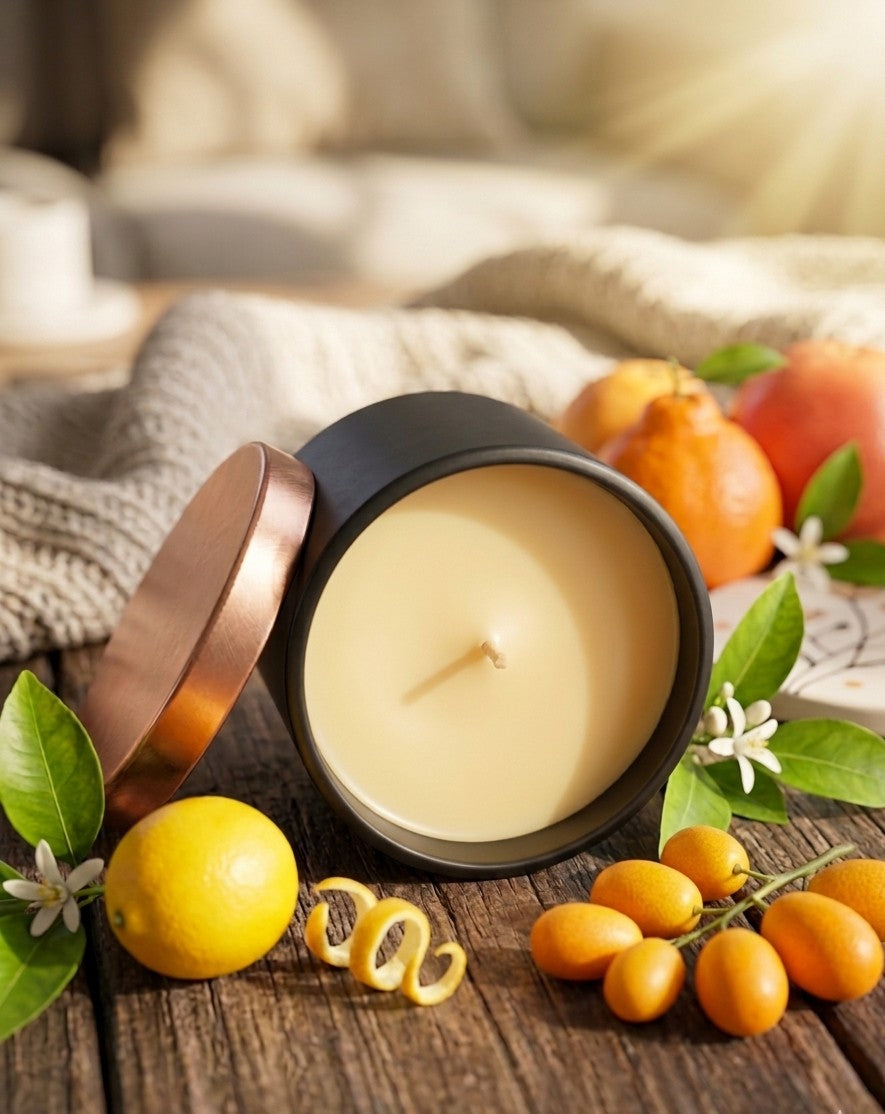 Candle in a black container with citrus fruits and leaves on a wooden surface